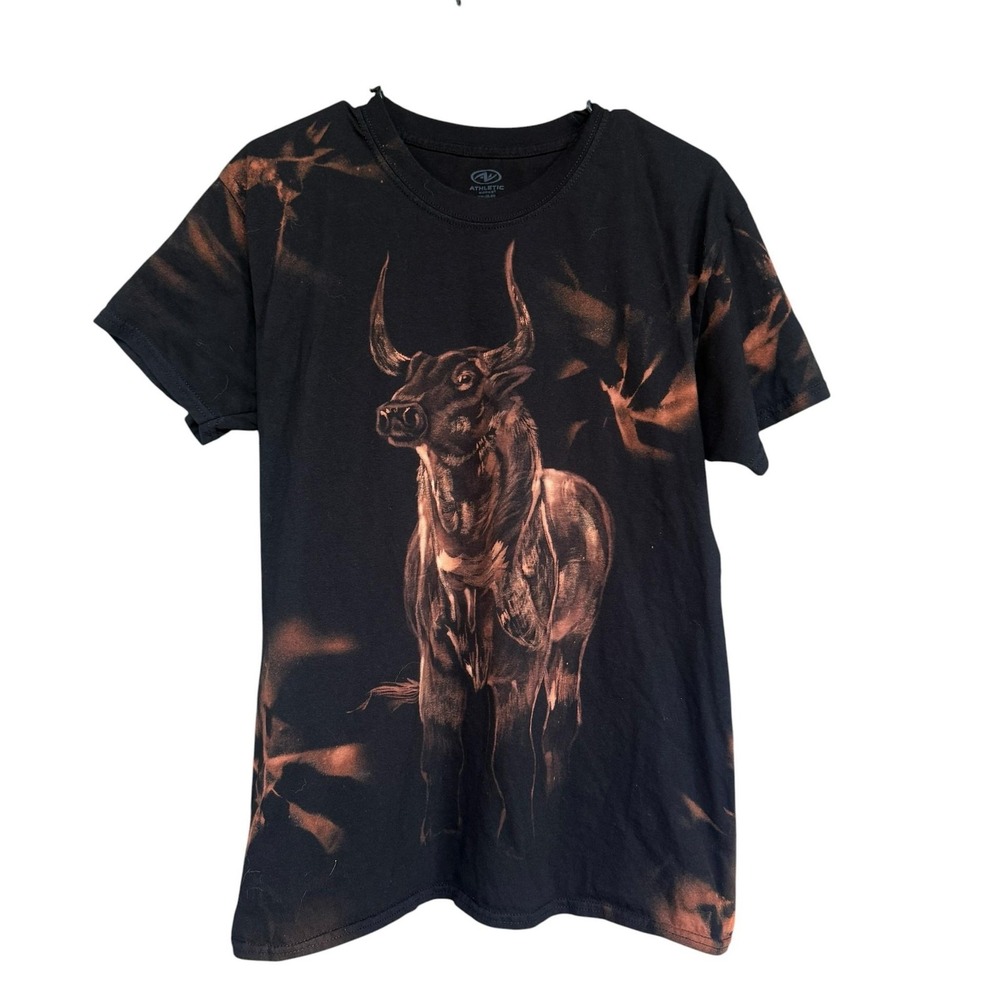 Athletic Bull Graphic Shirt Mens XL Black Western Bleach Tie Dye Rodeo Tee